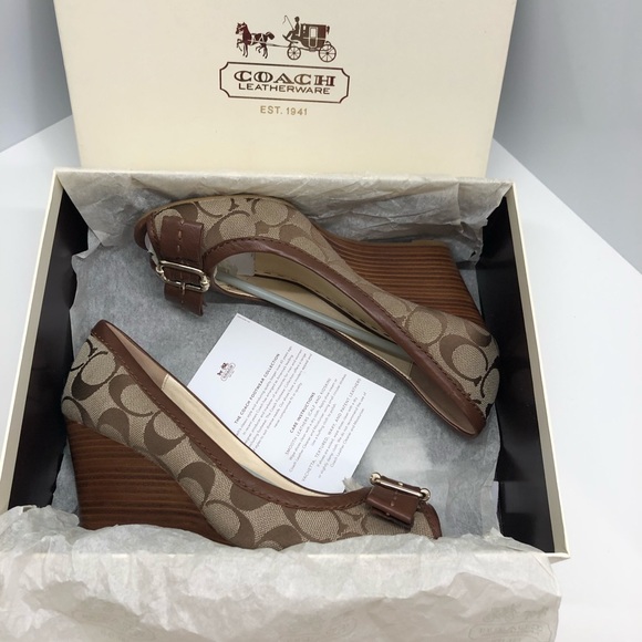 COACH Peep-Toe Khaki/Walnut Wedges - Picture 7 of 8